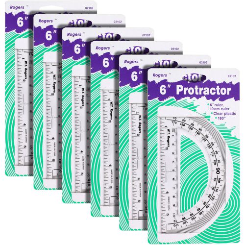 Rogers 6 inch plastic clear protractor, perfect for students, pack of 6 for sale