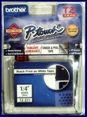 GENUINE BROTHER P-TOUCH TZ211 TZ-211 TAPE 1/4&#034; (6MM) X 26.2 FT - BLACK ON WHITE