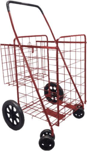 Double basket red fold-able swivel wheels  360 rotation jumbo shopping cart for sale