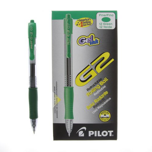 Pilot G2 Gel Ink Pen, Retractable, Refillable, Green Ink, 0.7mm Fine, Dozen