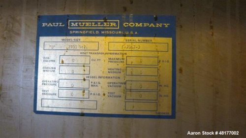 Used- Mueller 2700 Gallon Stainless Steel Tank,  Model &#034;D&#034; 2700 Gal, Serial F-70