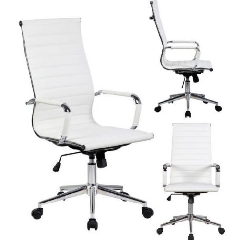 Tall Executive White PU Leather Ribbed Office Desk Chair  Contemporary Back
