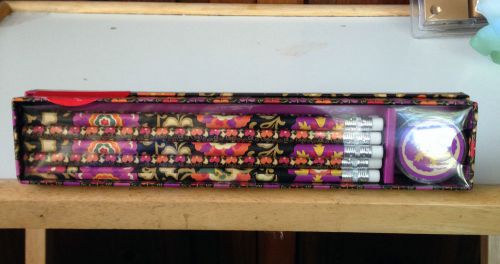 Vera Bradley Pencil Set In Suzani~10 Pencils &amp; Sharpener~Reusable Box GIFT!