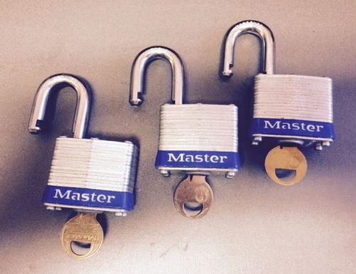 Three (3) Master Lock Co. PADLOCKS --- Number 3 LOCK -- keyed alike w KEYS INC