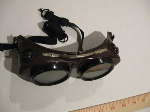 Vtg industrial burning goggles or glasses bakelite? with strap brown w/tinted for sale