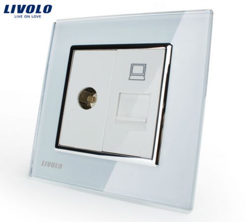 Livolo International Europe Standard TV With PC Socket White Crystal Glass Panel
