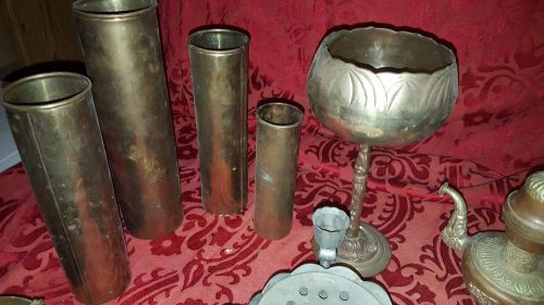 Vintage lot of Brass Candle Sticks, Tea Pot, Hanging Pot, Paint Brush Holders ++