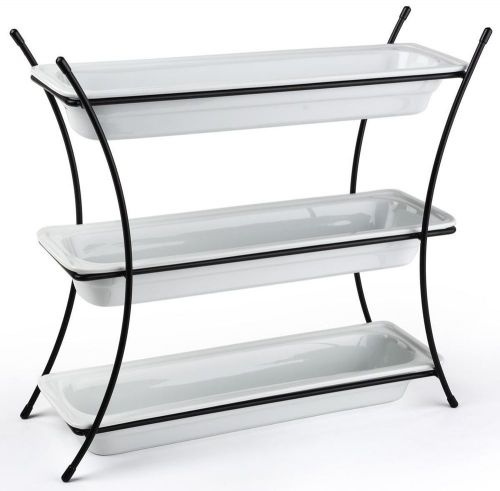 3 tier serving wire tray with (3) 2.5&#034; deep porcelain dishes - black and white 1 for sale