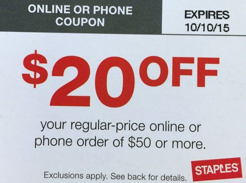 Take $20 OFF your regular-priced order of $50 or more at STAPLES! Exp. 10/10/15