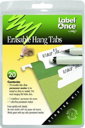 Jokari Label Once Erasable Hang Tabs Starter Kit with 20 Tabs, Eraser and Pen