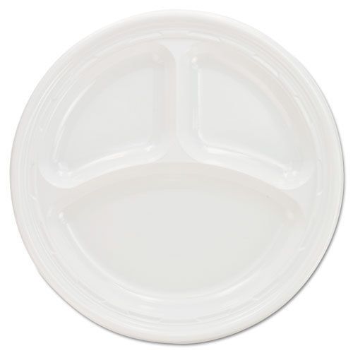 Plastic plates, 9 inches, white, 3 compartments, round, 125/pack for sale