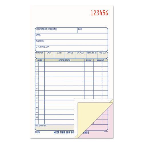 Carbonless sales order book, three-part carbonless, 4-3/16 x 7 3/16, 50 sheets for sale