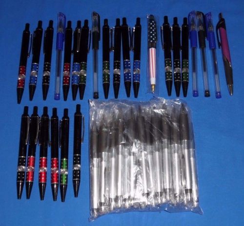 Lot of 50 Brand New Black Ink Pens Various Designs Silver Jeweled &amp; More A166