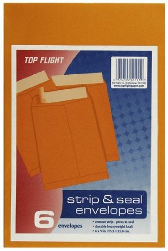 Top Flight Strip and Seal Open-End Envelopes, 6 x 9 Inches, Brown Kraft, 6