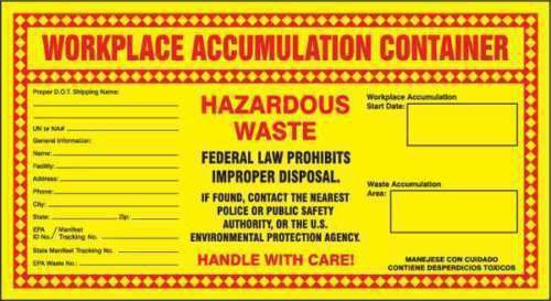 Workplace accumulation container hazardous waste labels 11 x 6 inchesvinyl pk100 for sale