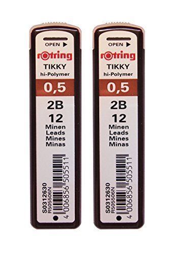 2 Pcs.Rotring Tikky Mechanical Pencil Lead 0.5mm 2B, 12 Lead