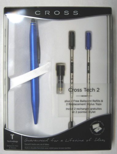 New cross tech 2 metallic blue ballpoint &amp; stylus pen + 2 refills&amp;stylus at0652h for sale