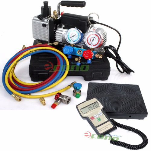 Hvac a/c refrigerant ac kit w/vacuum pump, r134a r12 manifold gauge set &amp; scale for sale