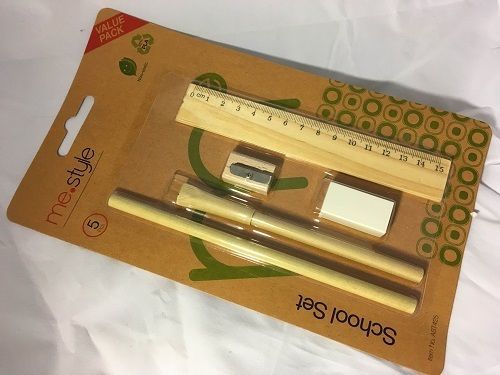 1 ECO STATIONERY SCHOOL SET 5PCS 1 PENCIL,1 PEN,1 ERASER,1 SHARPENER AND 1RULER