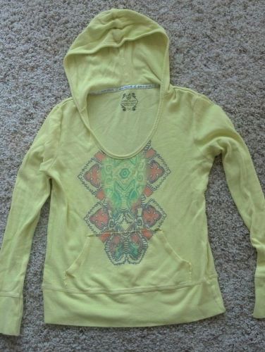 Green Apple Yellow Thermal HOODIE Shirt MED ~ Scoop Neck L/S Hooded Bamboo Top