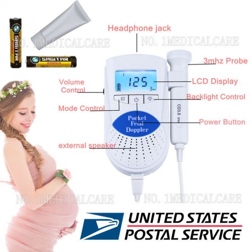 USPS*Pocket Fetal Doppler, LCD Baby Heart Beat Monitor, 3mhz Probe+ge+Batteries