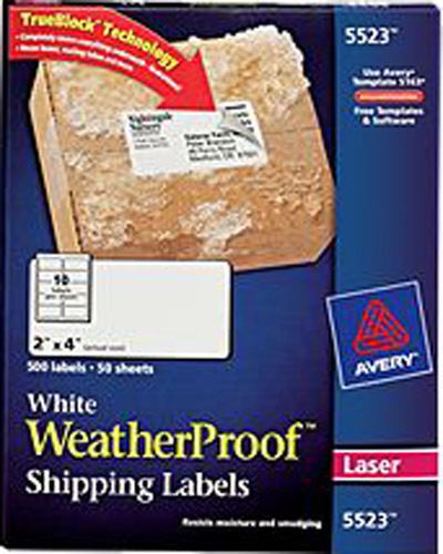 Avery white weatherproof labels for laser printers 5523, 2&#034; x 4&#034;, box of 500 for sale