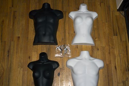 4 PIECE FEMALE AND MALE MANNEQUIN TORSO BODY FORM BLACK AND WHITE with HOOKS, US $100 – Picture 0
