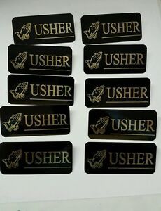 Set of 10 Black with Gold Letters Engraved Usher and Name Tags Badges Pin Back