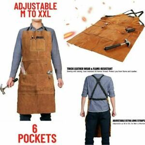 QeeLink Leather Work Shop Apron with 6 Tool Pockets Heat &amp; Flame Resistant Heavy