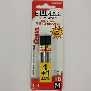 Pentel Super Hi-Polymer Lead Refills. .5MM HB. 12 Leads per tube. 24 Total.
