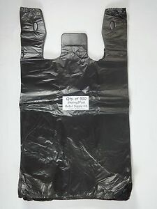 500 Qty. Black Plastic T-Shirt Retail Shopping Bags w/ Handles 11.5&#034; x 6&#034; x 21&#034;