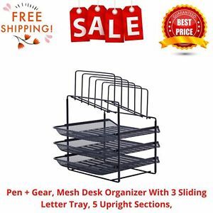 Pen + Gear, Mesh Desk Organizer With 3 Sliding Letter Tray, 5 Upright Sections,