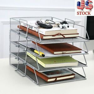US 1/4Tier Tray Metal Mesh File Rack Organizer Desk Letter Paper Document Holder
