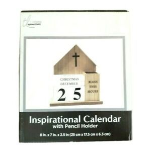 Inspirational Perpetual Desk Calendar Wooden Block Pencil Holder Religious Cross