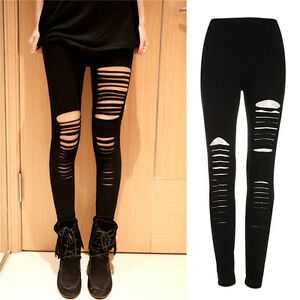 Sexy Black Punk Ripped Torn Slashed Cut Striped Leggings Pants Gothic Club n Wfi