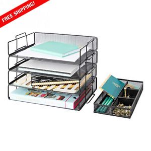 Tray, 4Tier Stackable Letter Trays, Black Metal Mesh File Holder Organizer