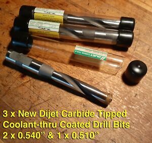 LOT OF (3) x DIJET CARBIDE TIPPED COOLANT THROUGH DRILL BITS TiN COATED -BARGAIN