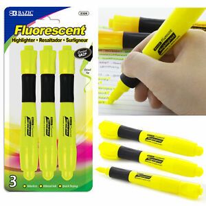 3 Pc Neon Yellow Highlighter Pen Markers Chisel Tip Quick Dry Fluorescent Office