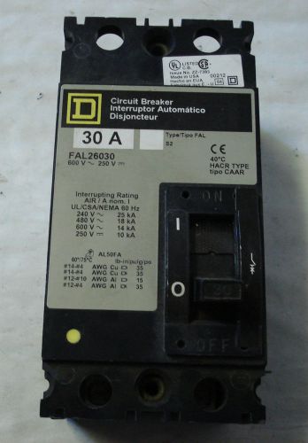 Square d fal26030 circuit breaker,2 poles,30amps,14k,600volts,ac,100amp frame for sale