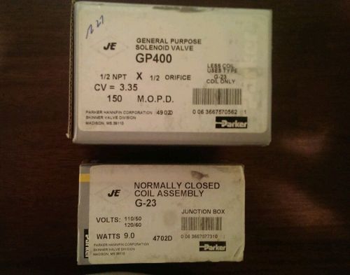 Gp400 parker solenoid valve 1/2 npt x 1/2 orifice and coil assembly g-23 new for sale
