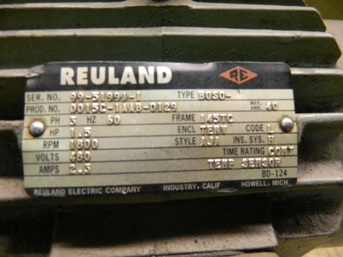 Reuland electric ac motor, 1.5 hp, w/ magnetic brake, # b0s0, 1800 rpm, 480v for sale