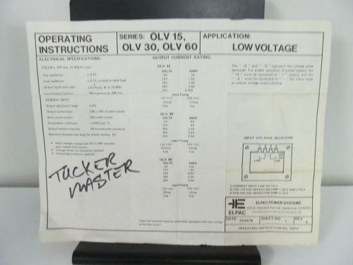 Elpac OLV 15, OLV 30, OLV 60 Low Voltage Operating Instructions Sheet