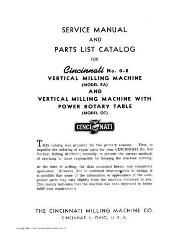Cincinnati milling machine # 0-8 models ea &amp; ot service manual parts list *823 for sale