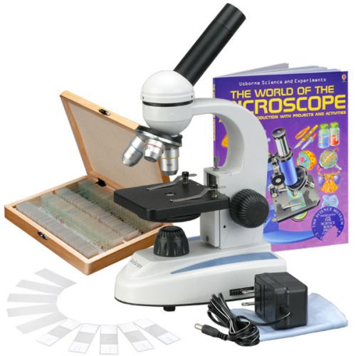 40X-1000X Metal Frame Glass Lens Student Microscope + 100 Specimen Slides + Book