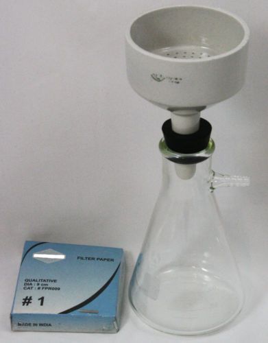 Filtering setup with 500ml glass flask, 90mm buchner funnel, stopper and filter for sale