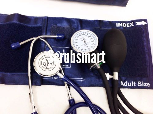 Bp blood pressure cuff  aneroid sphygmomanometer dual head stethoscope set -navy for sale