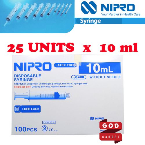 25 x 10ml cc nipro syringe luer lock tip hypodermic sterile latex free no needle for sale