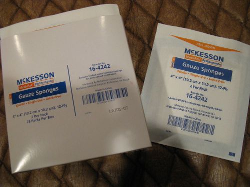Mckesson sterile gauze sponges 4x4, 12 ply 2/pack 25 packs reorder # 16-4232 for sale