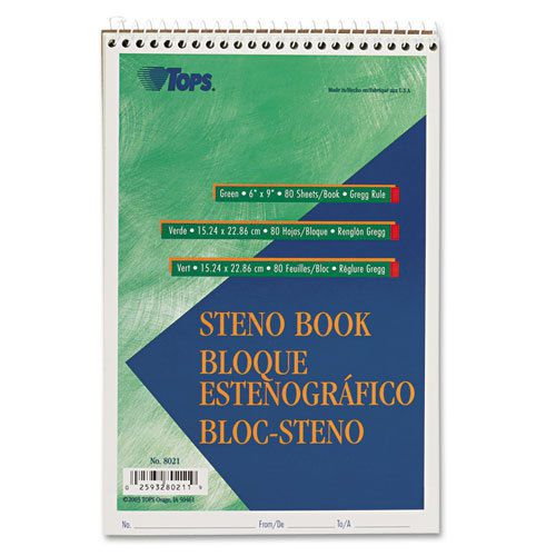 TOPS Steno Book 80 Sheet Gregg Ruled 6&#034;&#034; x 9&#034;&#034; Green Tint Paper