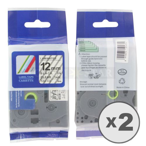 2pk transparent on black tape label for brother p-touch tz tze 131 12mm 1/2&#034; for sale